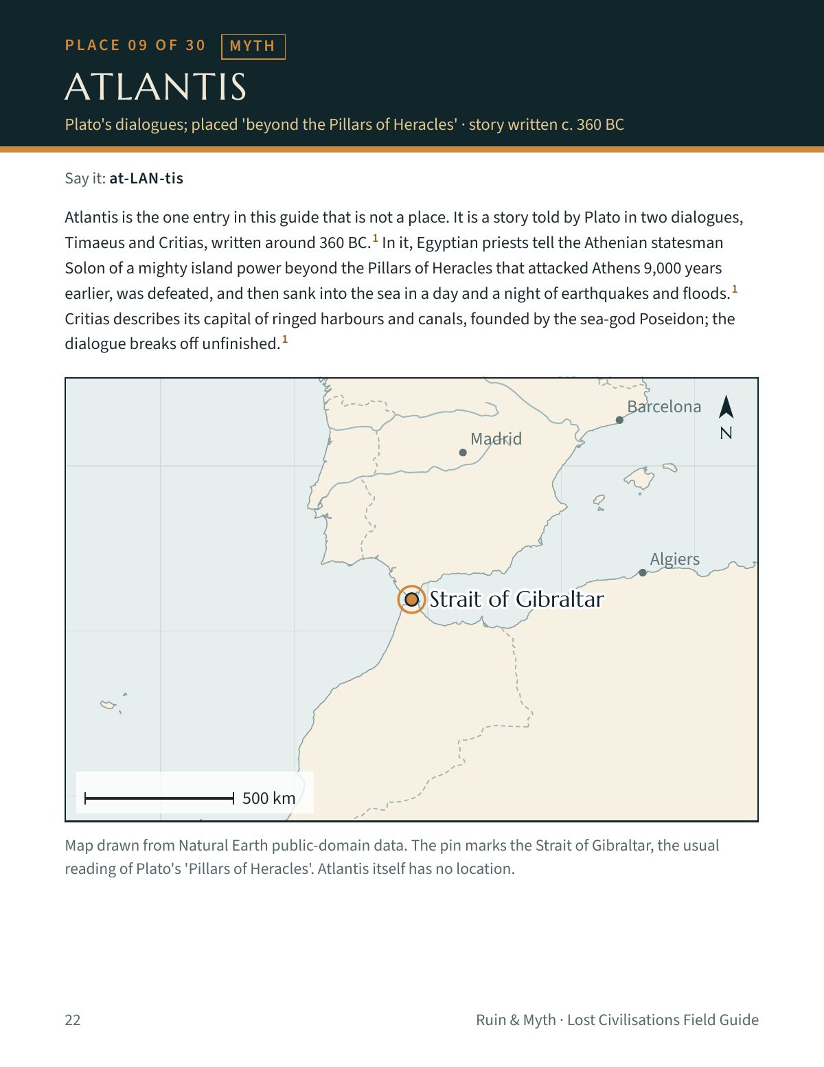 A sample page from the field guide: Atlantis, place 9 of 30, marked with a MYTH label, with a short summary of Plato's story and a map of the Strait of Gibraltar noting that Plato's Atlantis itself has no location.
