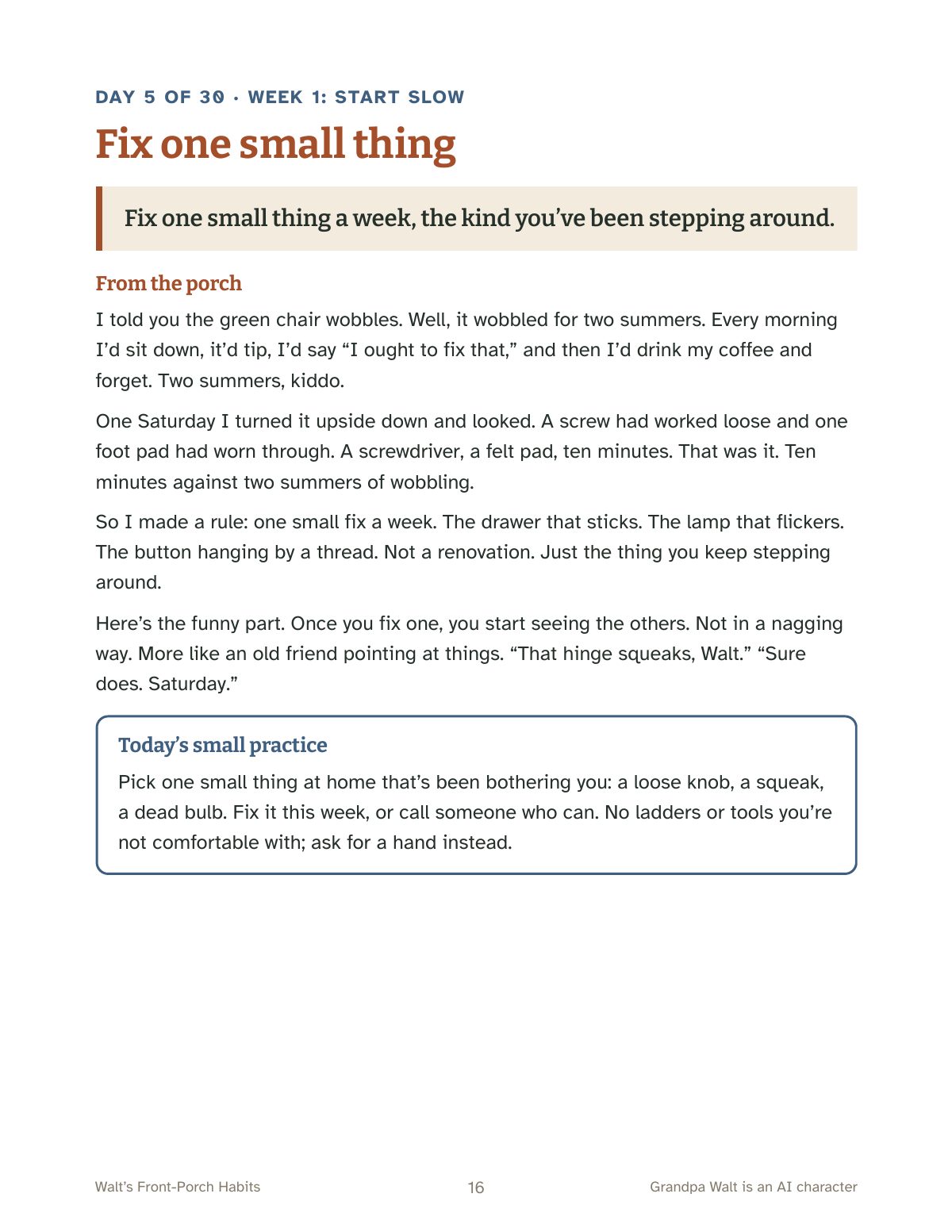 A sample page from the workbook: Day 5, Fix one small thing, with a story from Grandpa Walt's porch about a wobbly chair and a box with today's small practice.