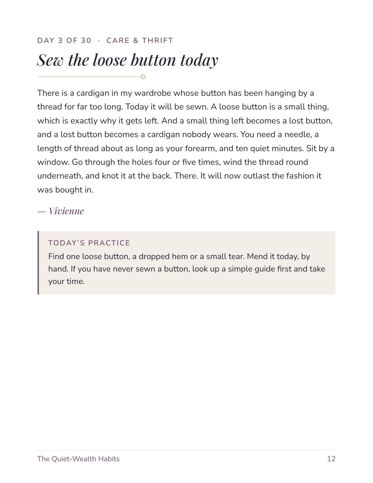 A sample page from the workbook: Day 3, Sew the loose button today, with a short story in Grandma Vivienne's voice and a box with today's practice.