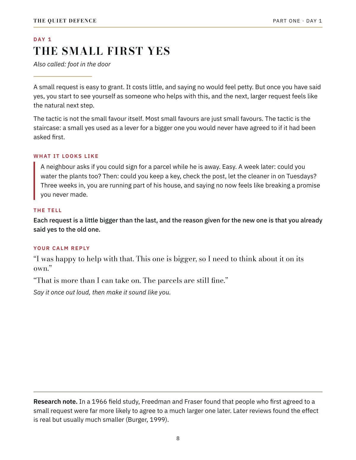 A sample page from the workbook: Day 1, The small first yes, with an everyday example about a neighbour's growing favours, the tell to look for, two calm replies, and a short research note.
