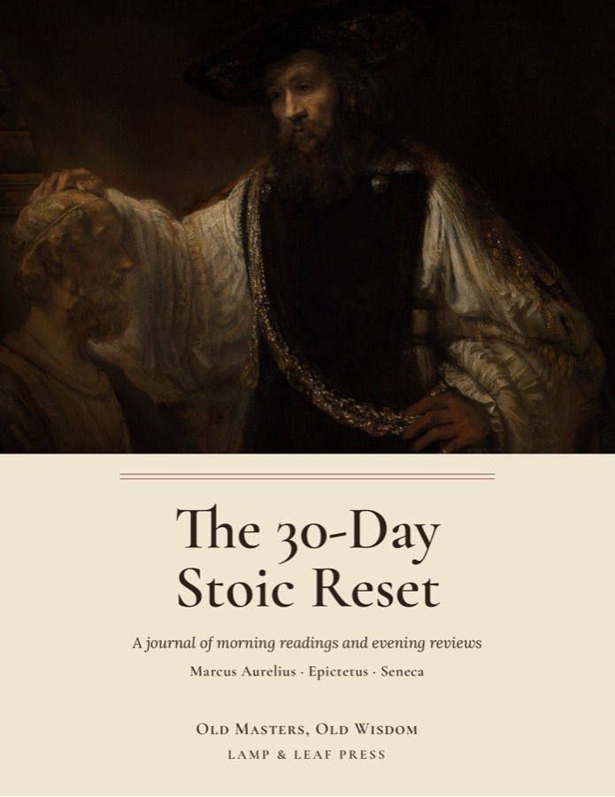 Cover of The 30-Day Stoic Reset: a detail of Rembrandt's painting of a bearded philosopher resting his hand on a bust of Homer, above the title on parchment.
