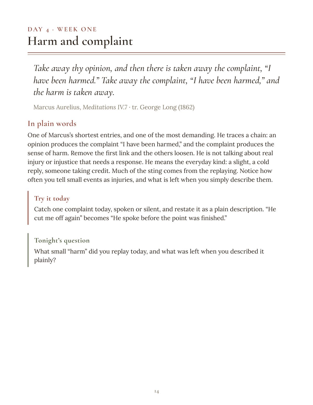 A sample page from the journal: Day 4, Harm and complaint, with a passage from Marcus Aurelius in George Long's translation, a plain-words note, a practice and an evening question.